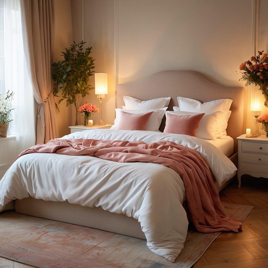 A serene, inviting bedroom scene softly lit by warm, ambient light. A plush bed adorned with luxurious fabrics and romantic decor, surrounded by elements of nature like fresh flowers and calming candles. Subtle touches suggesting connection and intimacy, such as intertwined hands or a gentle embrace. A sense of tranquility and openness to pleasure and exploration in the atmosphere. super-realistic. vibrant colors. soft focus.