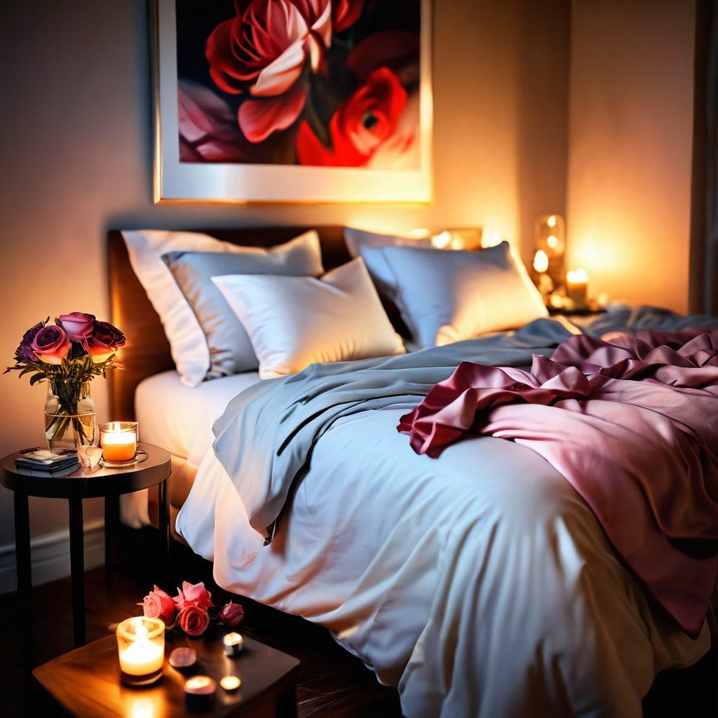 A romantic, intimate setting with soft candlelight illuminating a cozy bedroom, featuring lush fabrics and an inviting bed. Include elements symbolizing passion, like intertwined hands and delicate rose petals scattered across the sheets. The atmosphere conveys warmth and deep connection, highlighting both sensuality and emotional intimacy. warm tones, soft focus, painting.