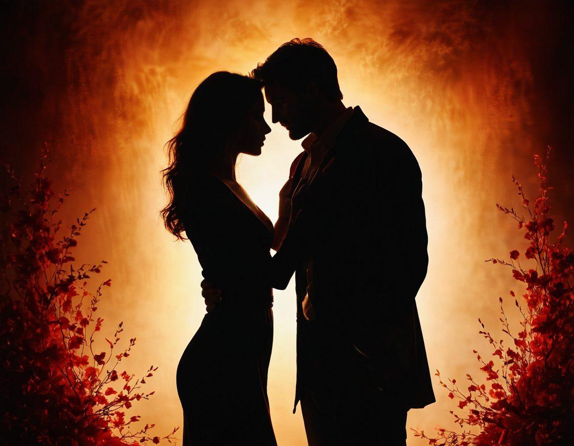 A captivating and intimate scene depicting two silhouettes embracing under a soft, warm glow of candlelight, surrounded by delicate petals and ethereal wisps of mist. The background suggests a cozy, inviting space with textures of silk and velvet, invoking a sense of sensuality and warmth. Incorporate subtle shades of red and gold to enhance the mood, while the silhouettes portray a moment of tender connection and deep intimacy. super-realistic. warm colors. softly blurred background.